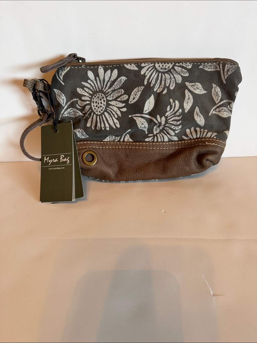 Myra Bag Gray Floral Canvas Wristlet with Brown Trim